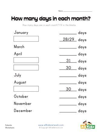 How Many Days In Each Month Worksheet Days In Each Month How Many How Many Days In Each Month Worksheet Days In Each Month How Many