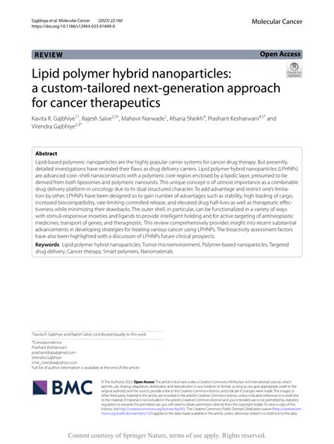 Lipid Polymer Hybrid Nanoparticles A Custom Tailored Next Generation Approach For Cancer Therapeutics Molecular Cancer Full Text