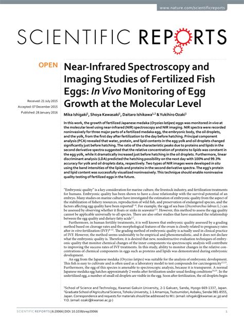 Near Infrared Spectroscopy And Imaging Studies Of Fertilized Fish Eggs In Vivo Monitoring Of Egg Growth At The Molecular Level Scientific Reports Near Infrared Spectroscopy And Imaging Studies Of Fertilized Fish Eggs In Vivo Monitoring Of Egg Growth At The Molecular Level Scientific Reports